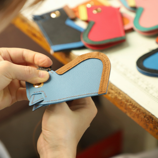 Camail Key Ring Bag Charm Black/Bleu Zellige/Ambre  in Epsom leather Handmade and hand stitching