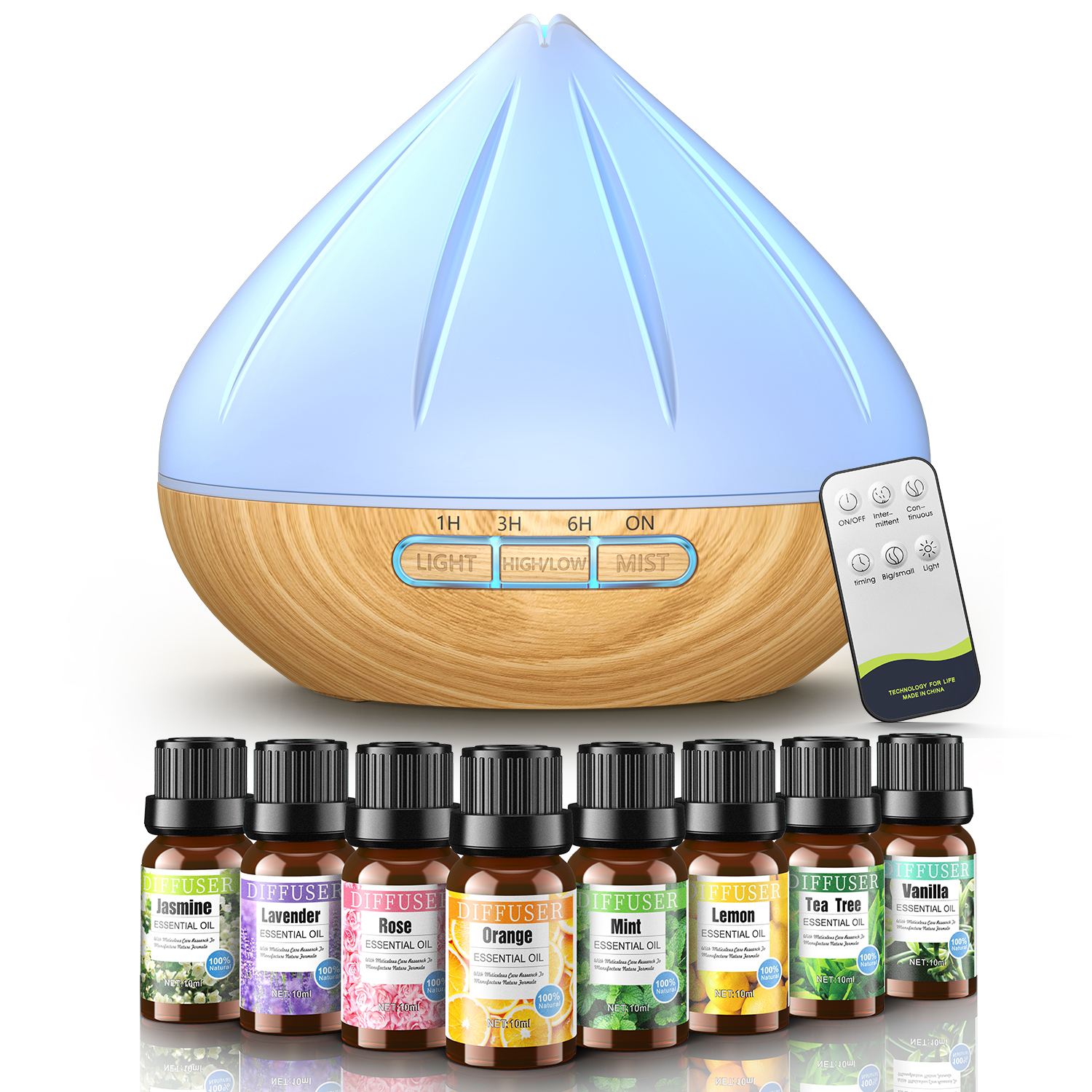 Essential Oil Diffuser, 500ml Aromatherapy Diffuser with 8x10ml Essential  Oils Set, Aroma Diffusers for Home, Humidifier for Bedroom, Remote Control
