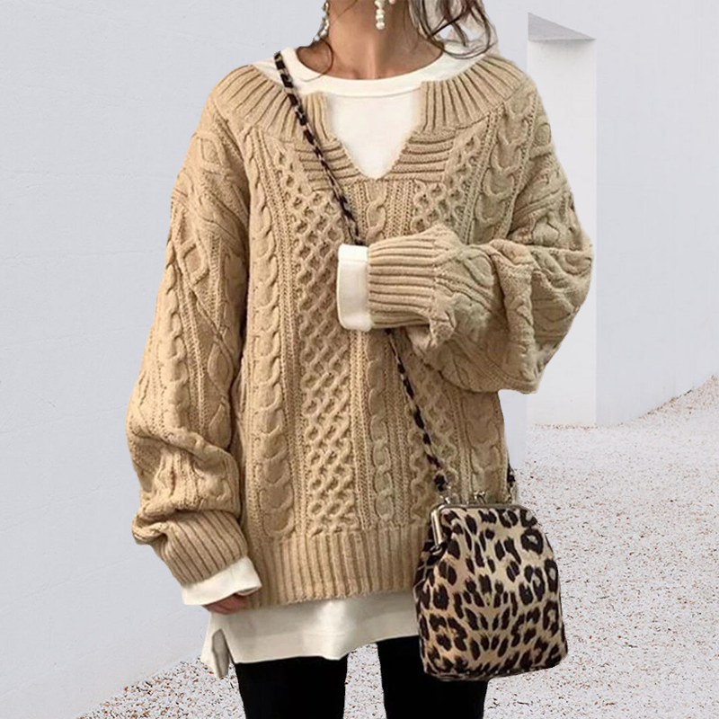 Slouchy Cable Knit Sweater-ABOXUN