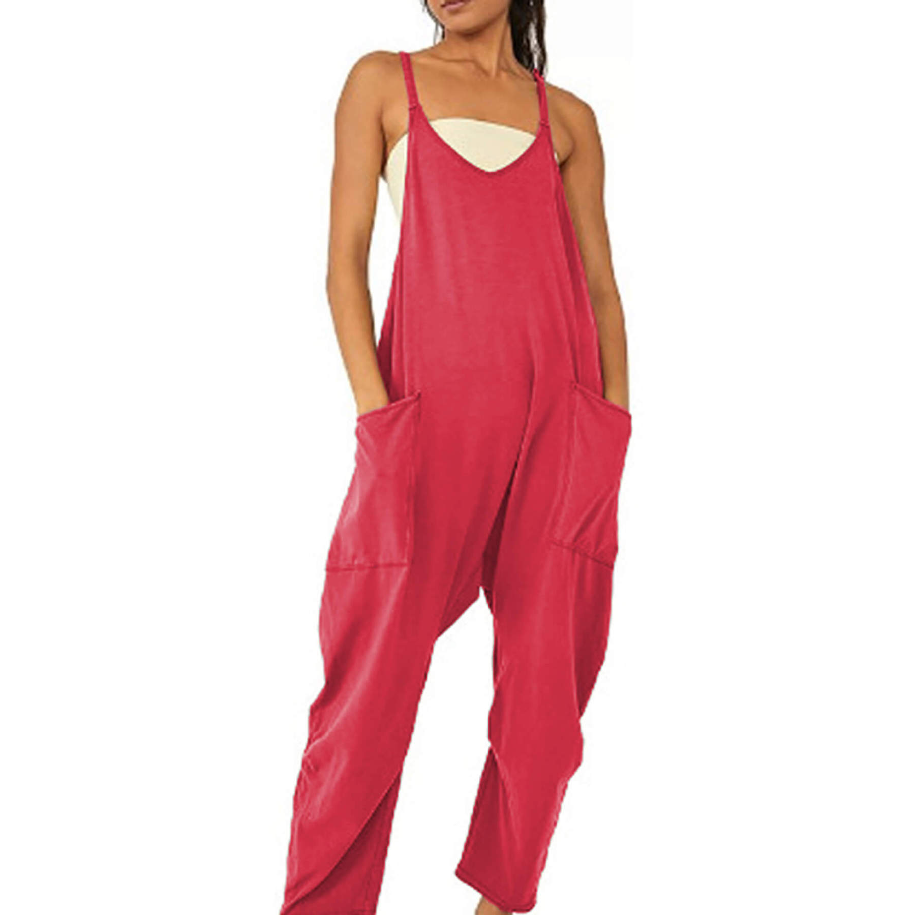 Solid V-Neck Sling Pocket Jumpsuit