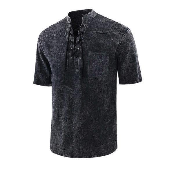 Men Gothic Retro T Shirt Lace-up V-neck Linen Pocket Short Sleeve Tee 