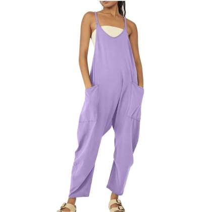 Solid V-Neck Sling Pocket Jumpsuit