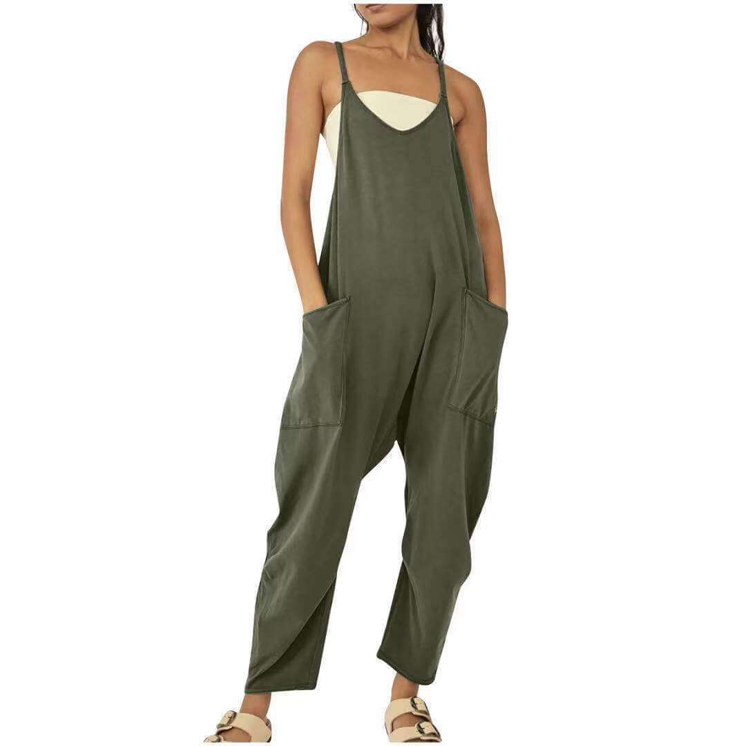 Solid V-Neck Sling Pocket Jumpsuit