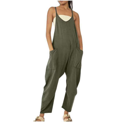 Solid V-Neck Sling Pocket Jumpsuit