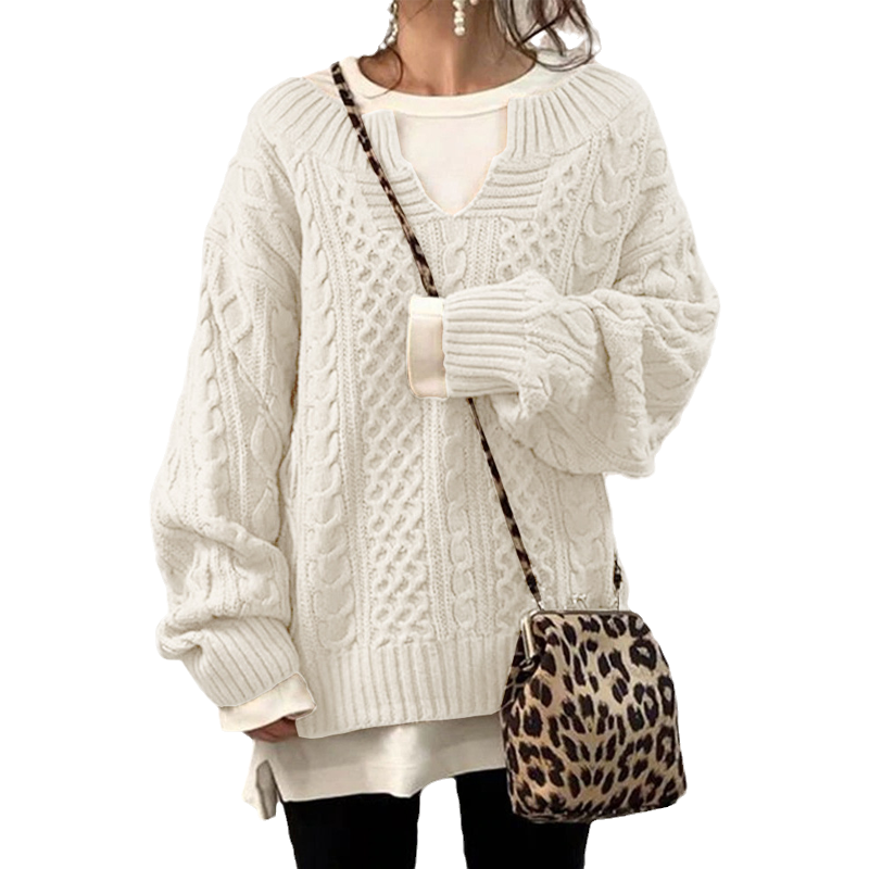 Slouchy Cable Knit Sweater-ABOXUN