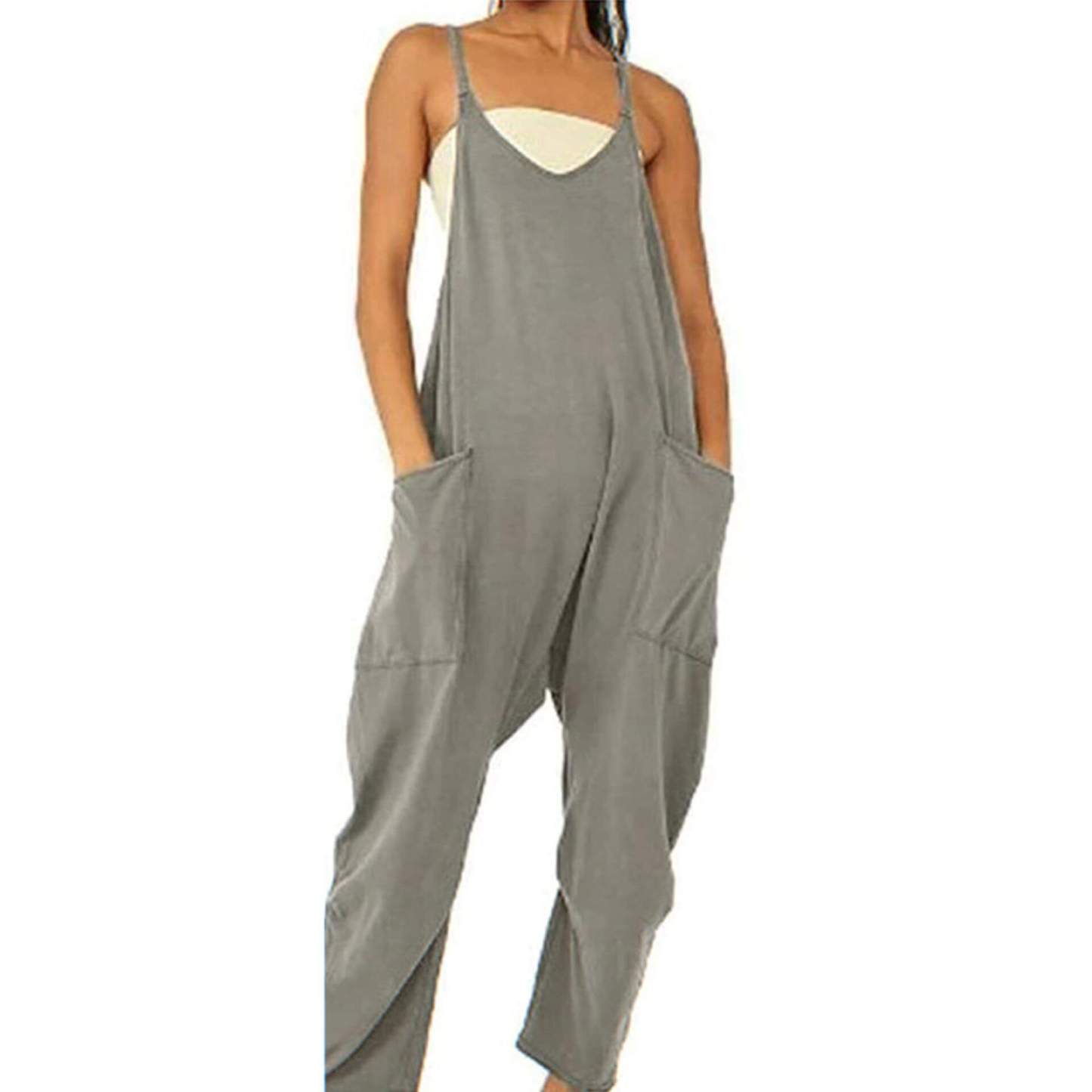 Solid V-Neck Sling Pocket Jumpsuit