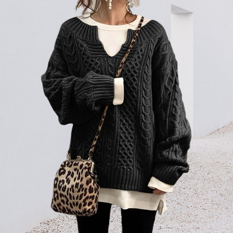 Slouchy Cable Knit Sweater-ABOXUN