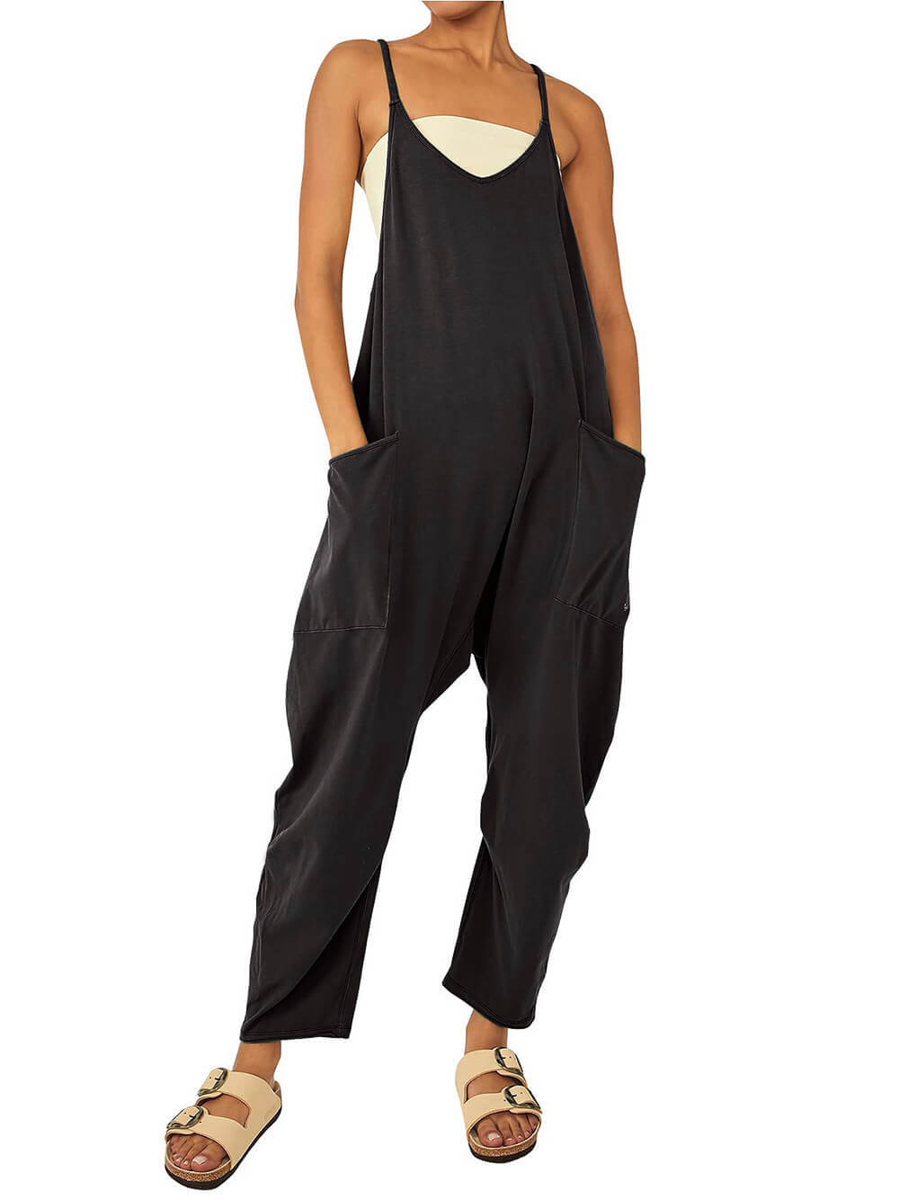 Solid V-Neck Sling Pocket Jumpsuit