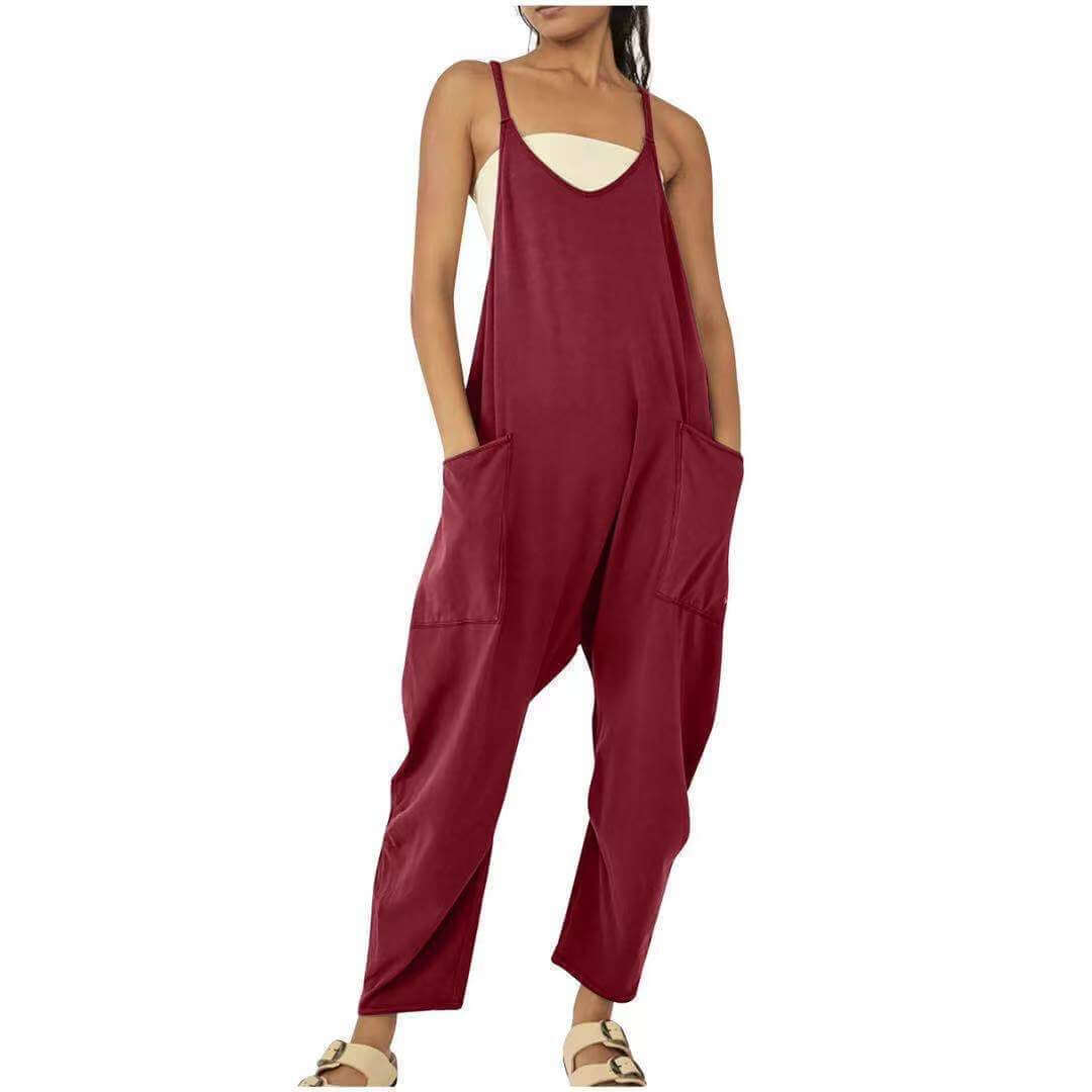Solid V-Neck Sling Pocket Jumpsuit