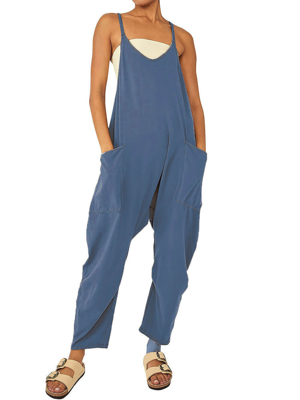 Solid V-Neck Sling Pocket Jumpsuit