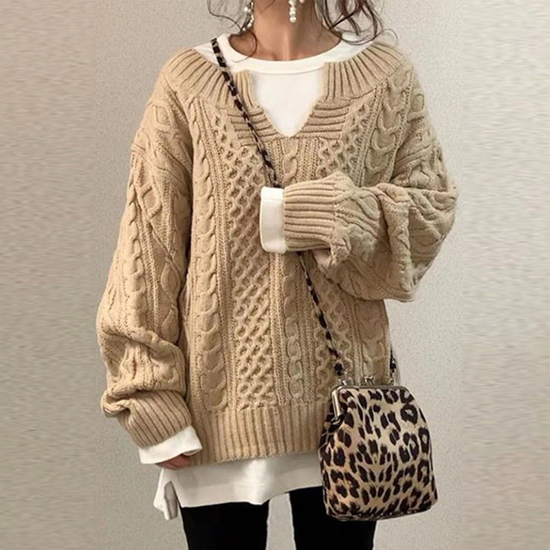 Slouchy Cable Knit Sweater-ABOXUN