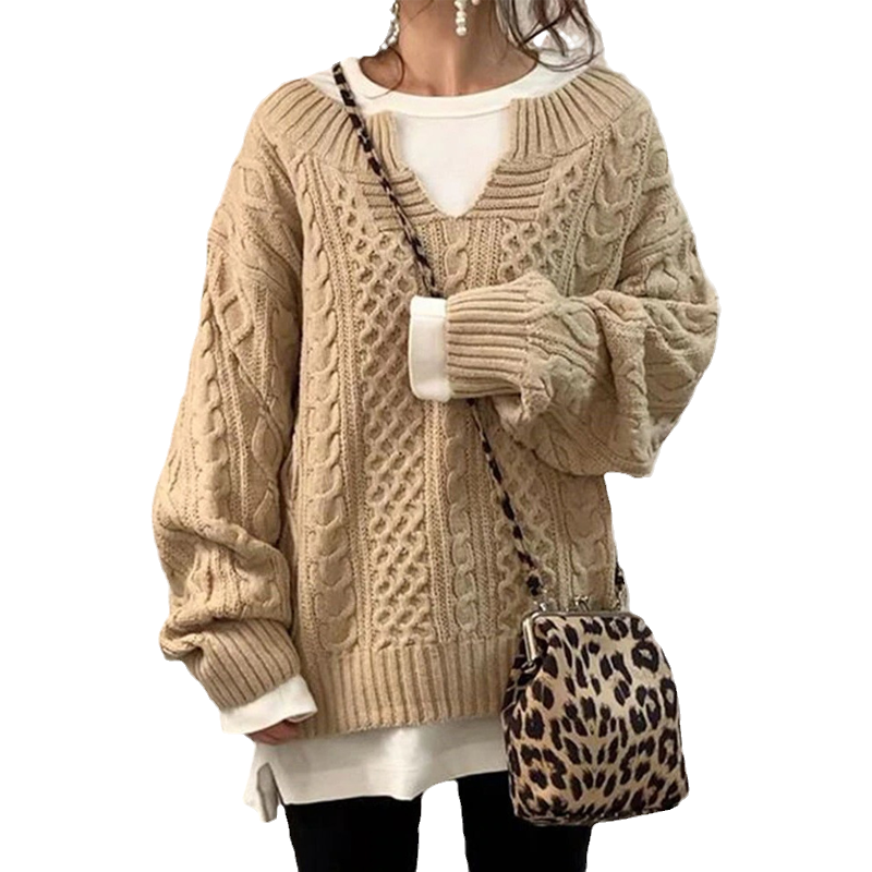Slouchy Cable Knit Sweater-ABOXUN