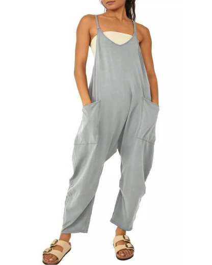 Solid V-Neck Sling Pocket Jumpsuit
