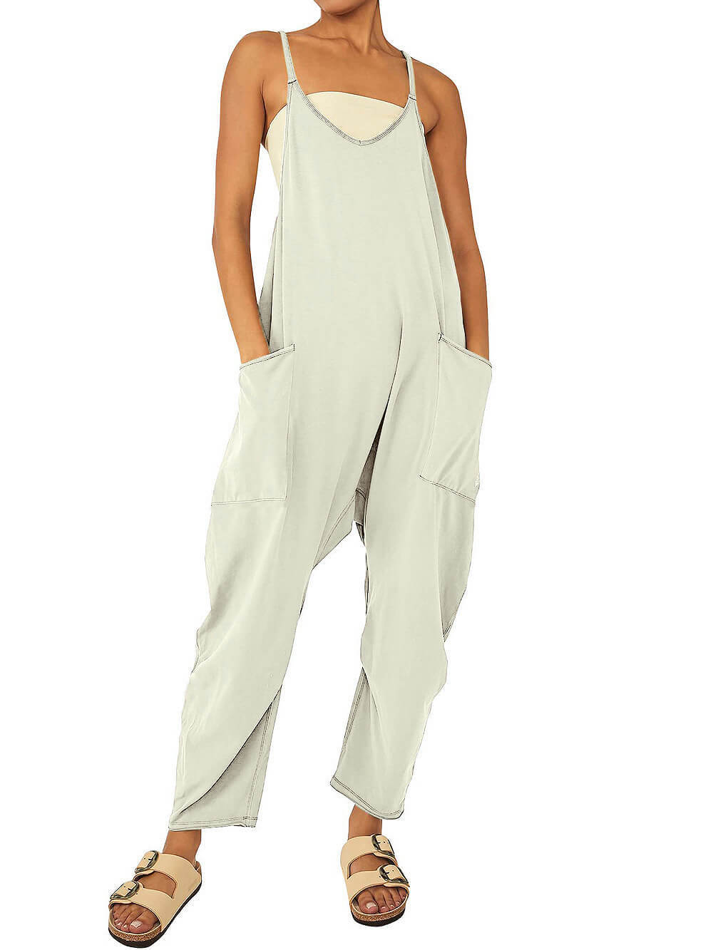 Solid V-Neck Sling Pocket Jumpsuit