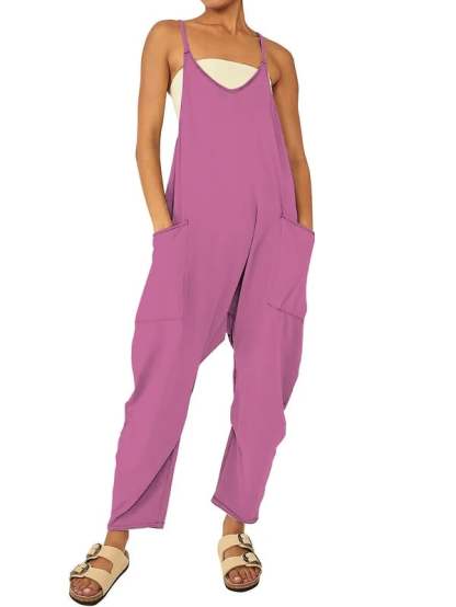 Solid V-Neck Sling Pocket Jumpsuit