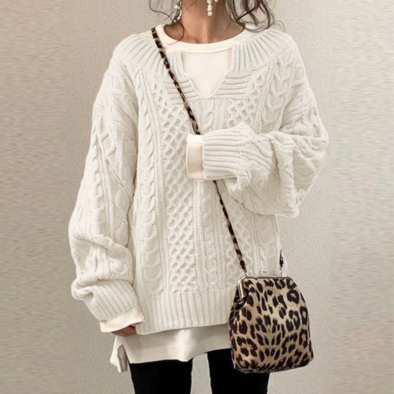 Slouchy Cable Knit Sweater-ABOXUN