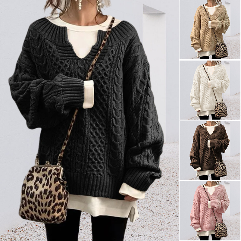 Slouchy Cable Knit Sweater-ABOXUN
