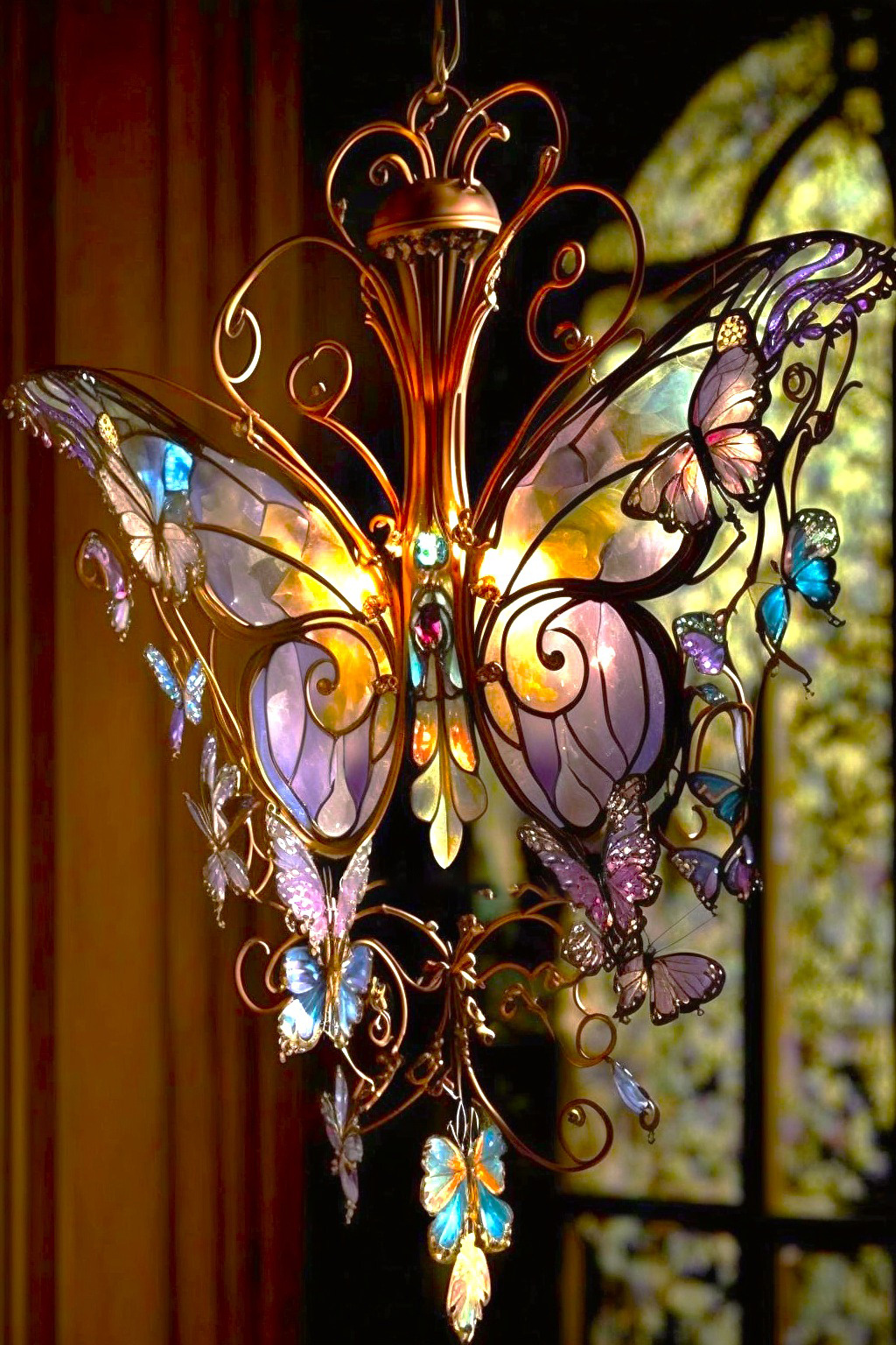 Vintage Style Stained Glass Butterfly/Plants/Moon Shaped Lamp