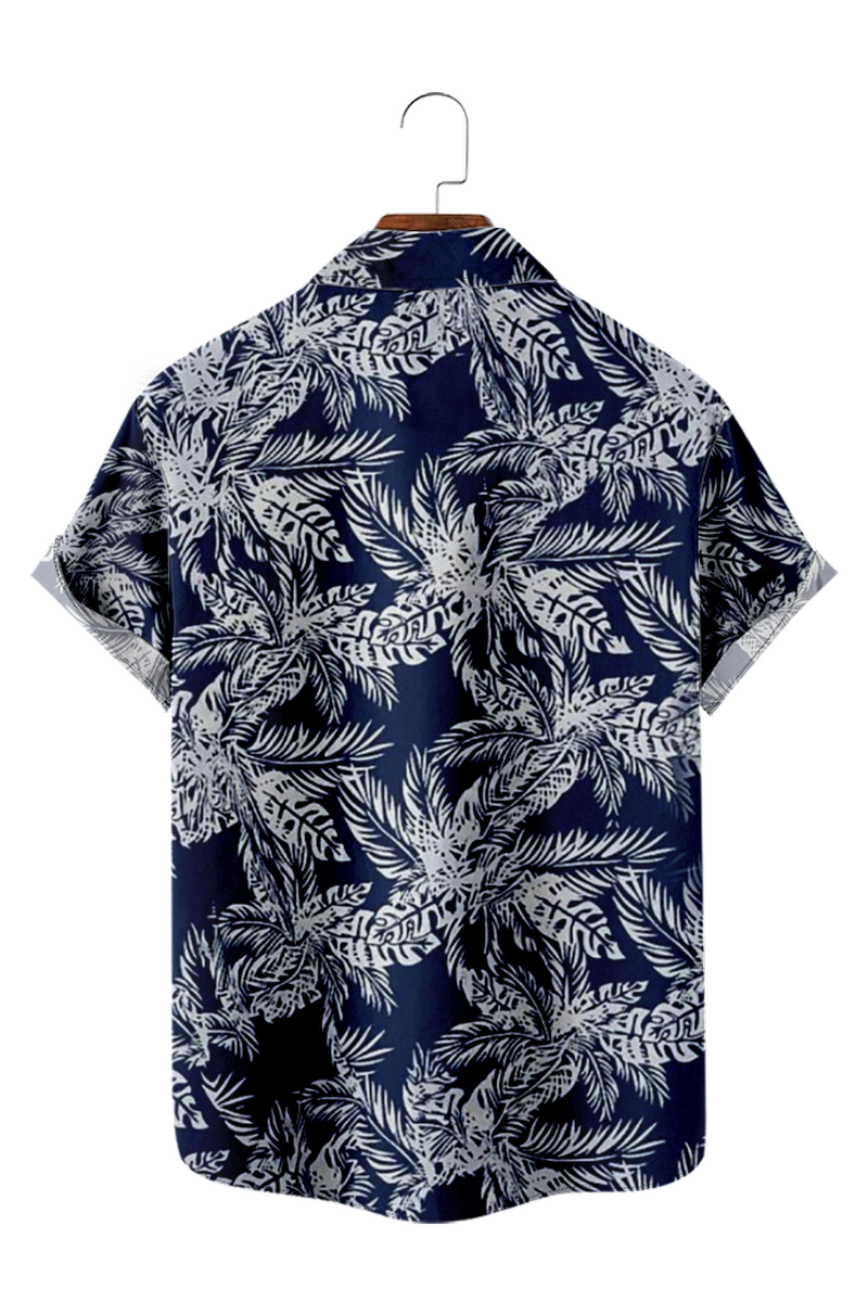 Tydres Men's Dark Blue Palm Leaf Shirts Short Sleeve Hawaiian Shirts