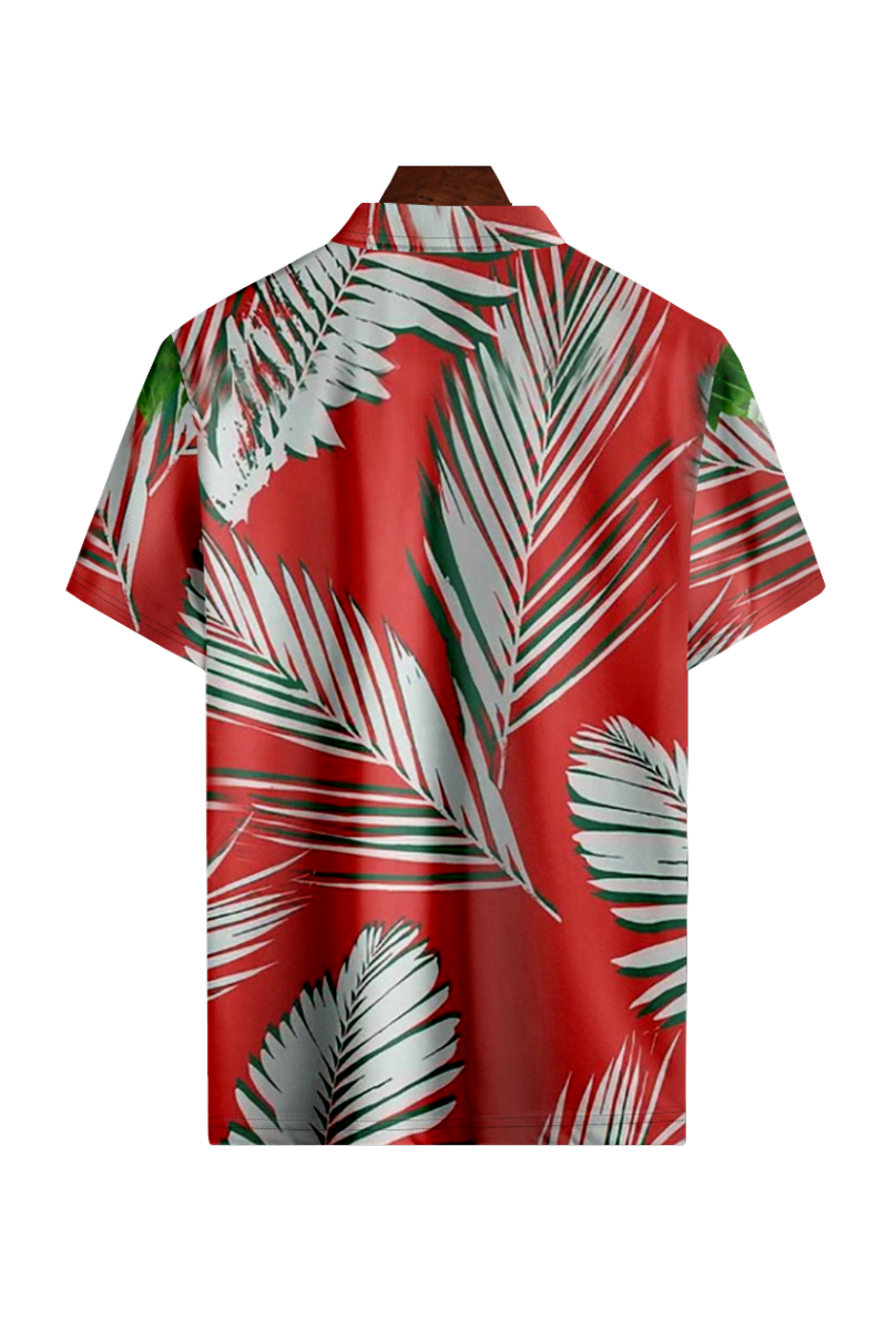 Tydres Men's Red Palm Leaves Polo Short Sleeve Hawaiian Polo