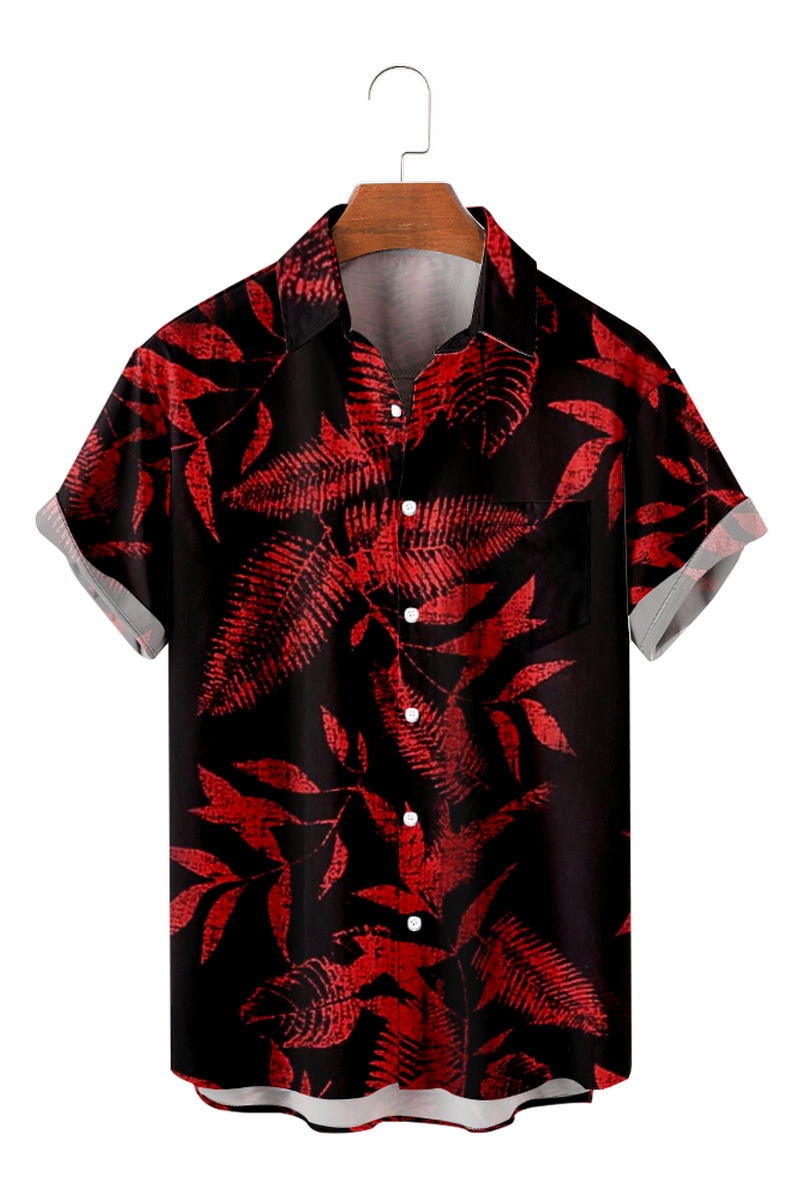 Tydres Men's Red With Black Palm Leaves Shirts Short Sleeve Hawaiian Shirts