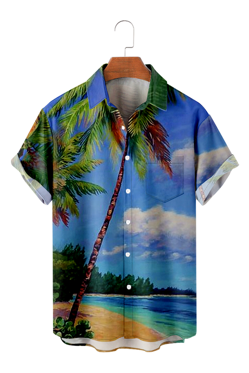 Tydres Men's Blue Beach Coconut Trees Shirts Short Sleeve Hawaiian Shirts
