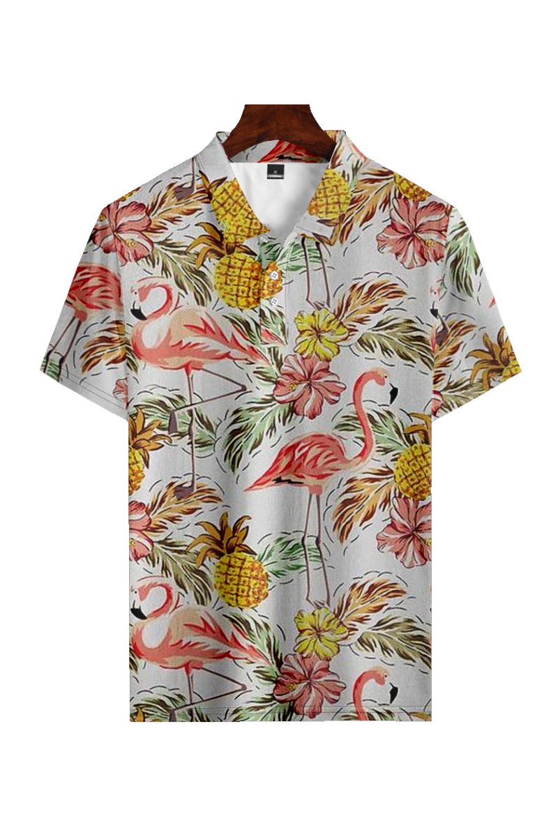 Tydres Men's Flamingos Pineapple Polo Short Sleeve Hawaiian Polo