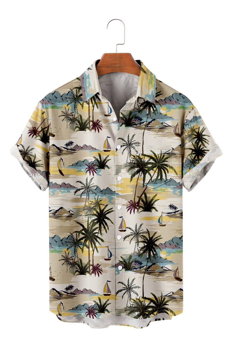 Tydres Men's Yellow Coconut Trees Shirts Short Sleeve Hawaiian Shirts