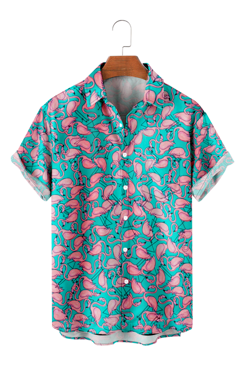 Tydres Men's Green Flamingos Shirts Short Sleeve Hawaiian Shirts