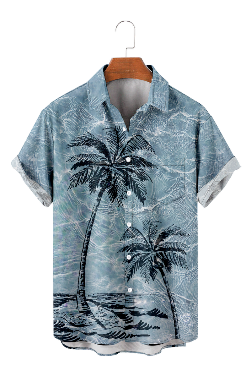 Tydres Men's Blue Seaside Coconut Tree Shirts Short Sleeve Hawaiian Shirts