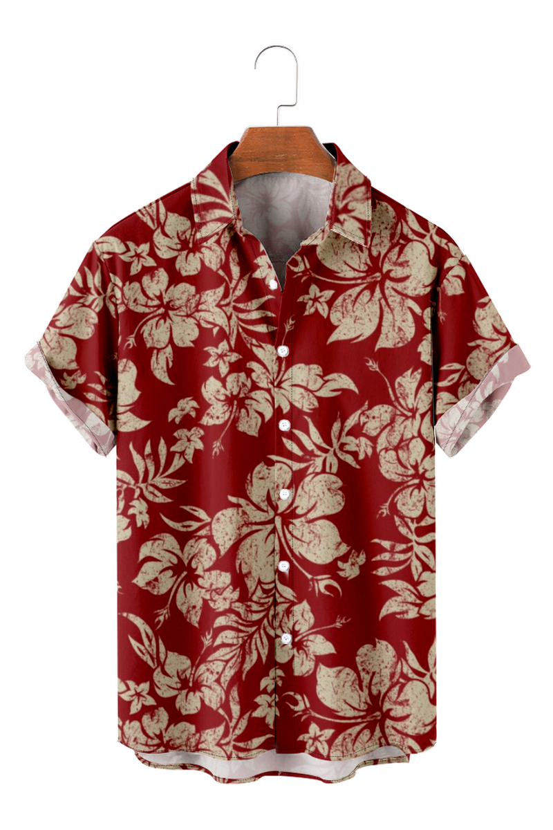 Holiday Style Hawaiian Series Plant Flower Leaf Element Lapel Short-Sleeved Shirt
