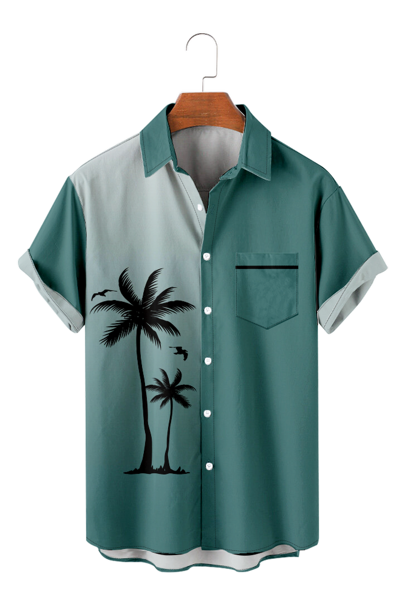 Tydres Men's Green Color Combination Coconut Tree Shirts Short Sleeve Hawaiian Shirts