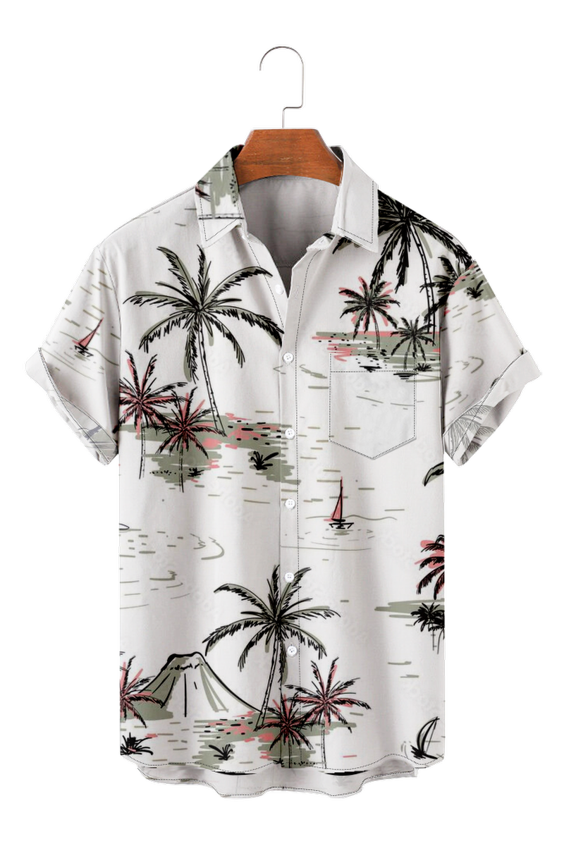 Tydres Men's White Sandy Beach Coconut Tree Shirts Short Sleeve Hawaiian Shirts