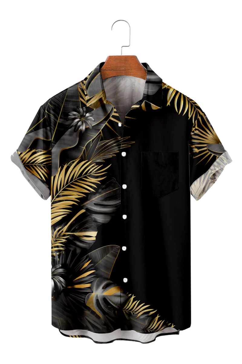 Tydres Men's Black Palm Leaves Shirts Short Sleeve Hawaiian Shirts