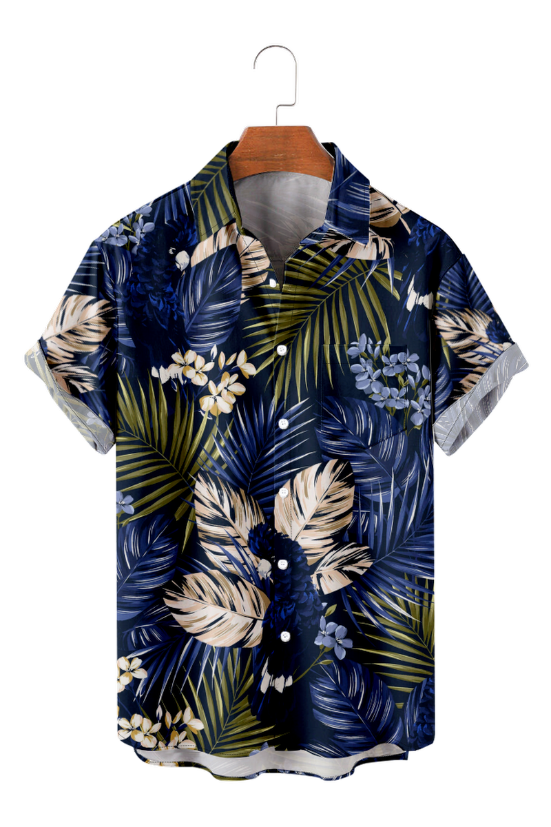 Tydres Men's Blue Palm Leaves Shirts Short Sleeve Hawaiian Shirts-Tydres