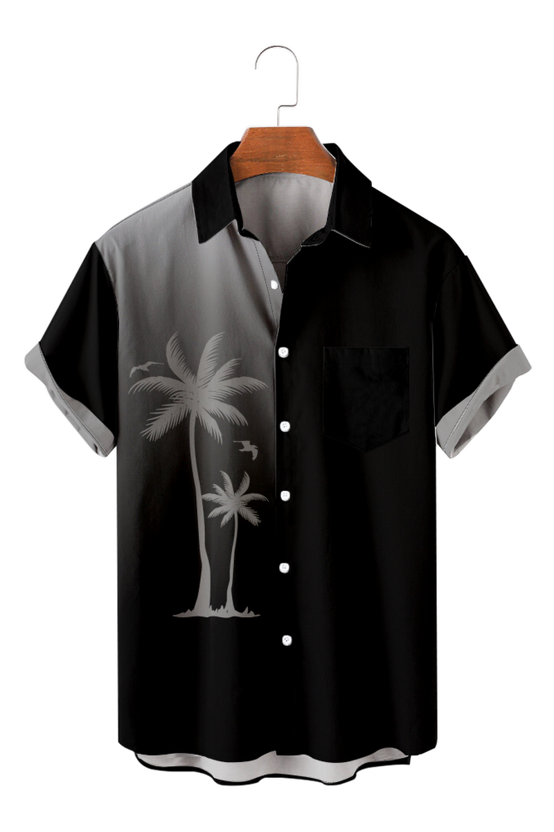 Tydres Men's Black With Grey Coconut Tree Shirts Short Sleeve Hawaiian Shirts-Tydres