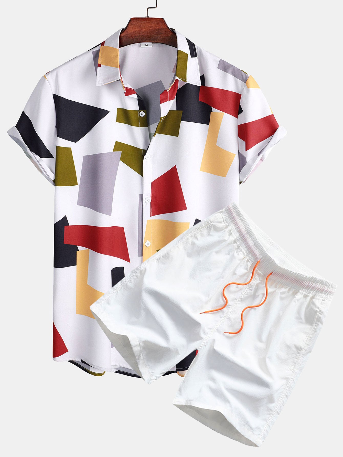 Geometric Color Block Print Button Up Shirt & Swim Shorts