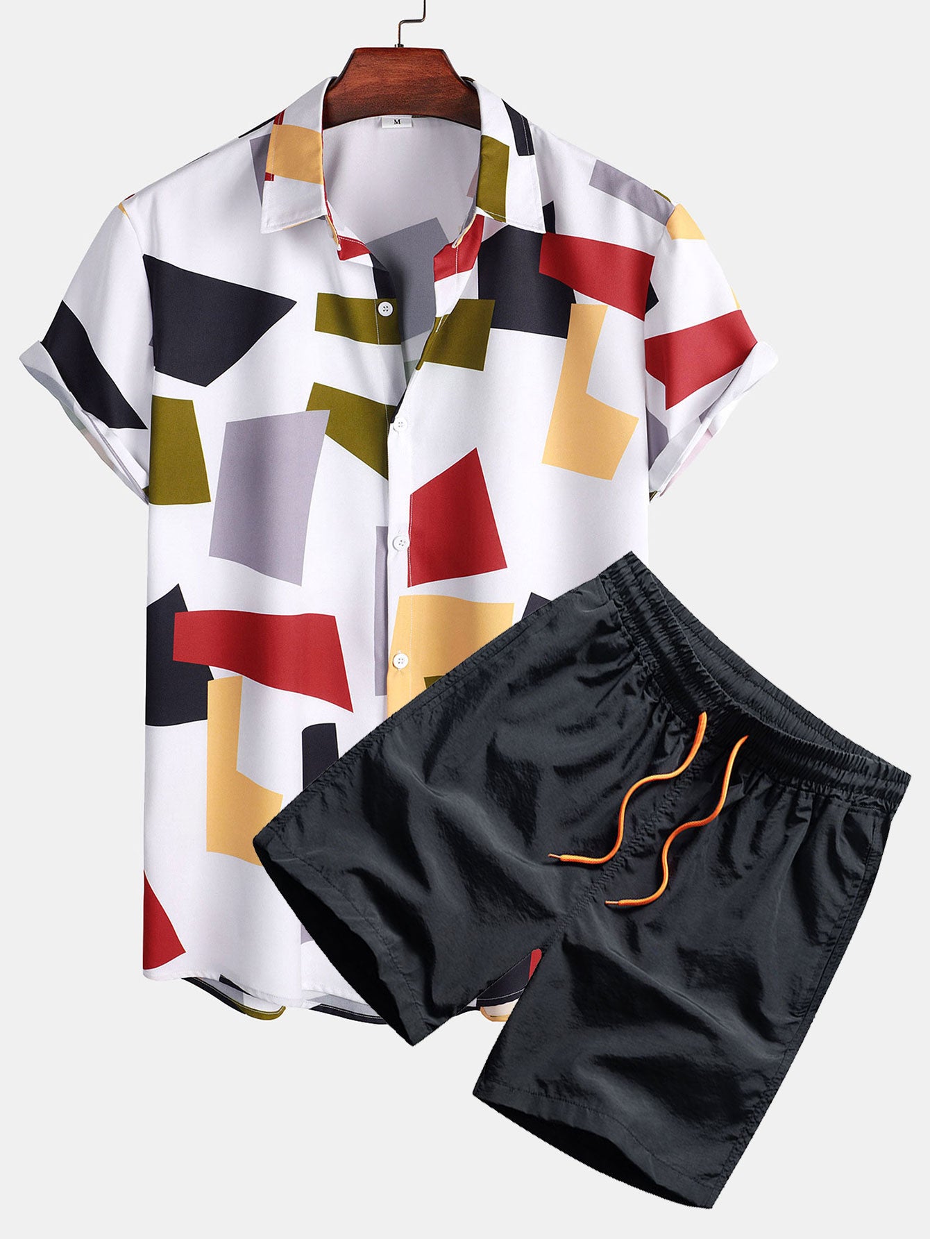 Geometric Color Block Print Button Up Shirt & Swim Shorts