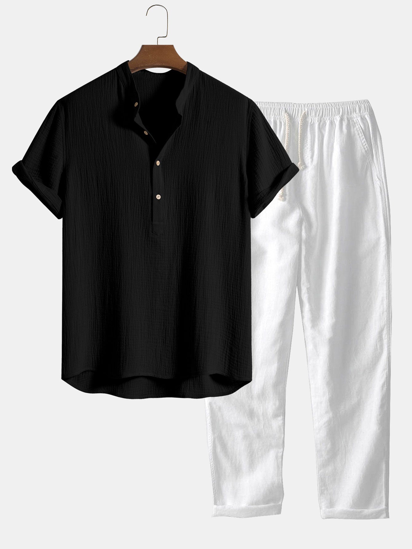 Wrinkled Cotton Half Open Placket Henley Collar Shirt & Straight Leg L