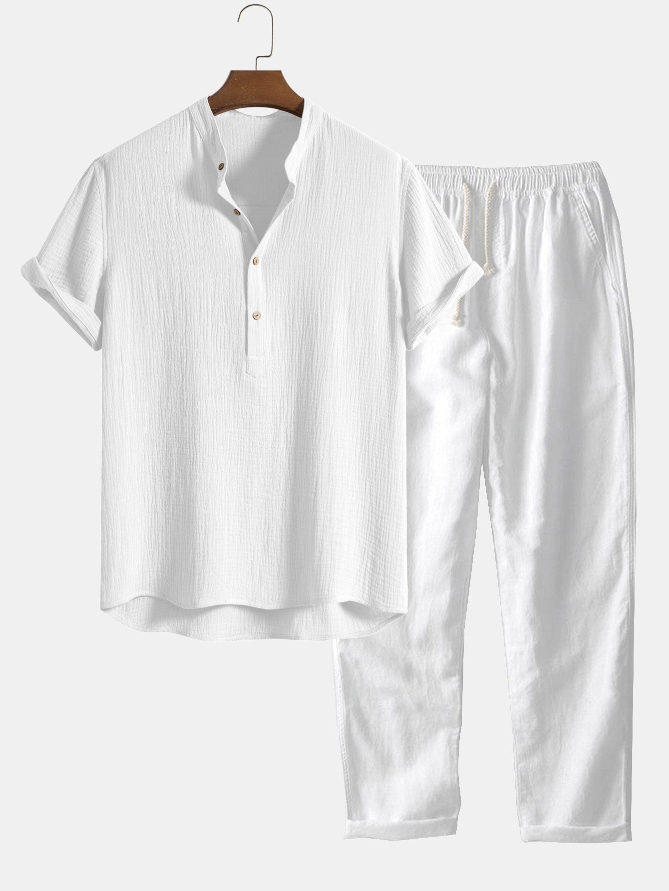 Wrinkled Cotton Half Open Placket Henley Collar Shirt & Straight Leg Linen Pants