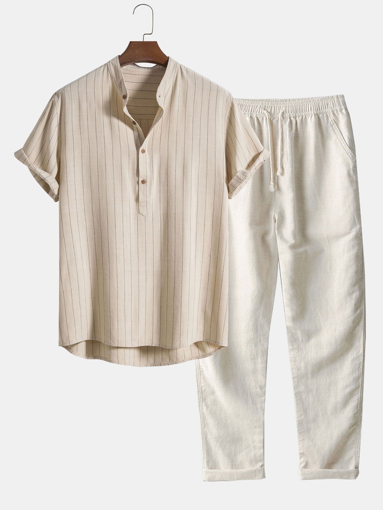 Linen Blend Striped Half Open Placket Henley Collar Shirt & Straight Leg Linen Pants