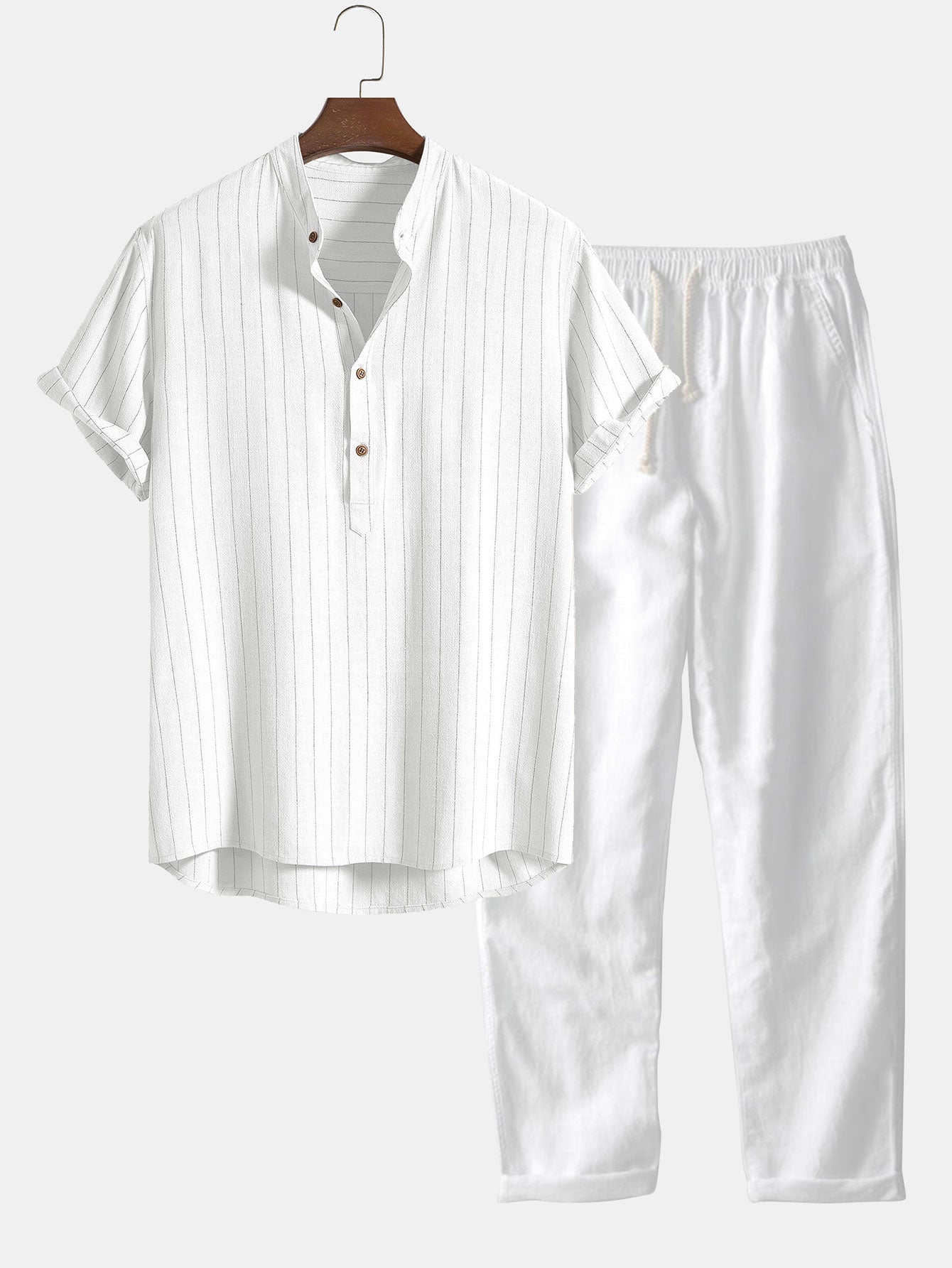 Linen Blend Striped Half Open Placket Henley Collar Shirt & Straight L