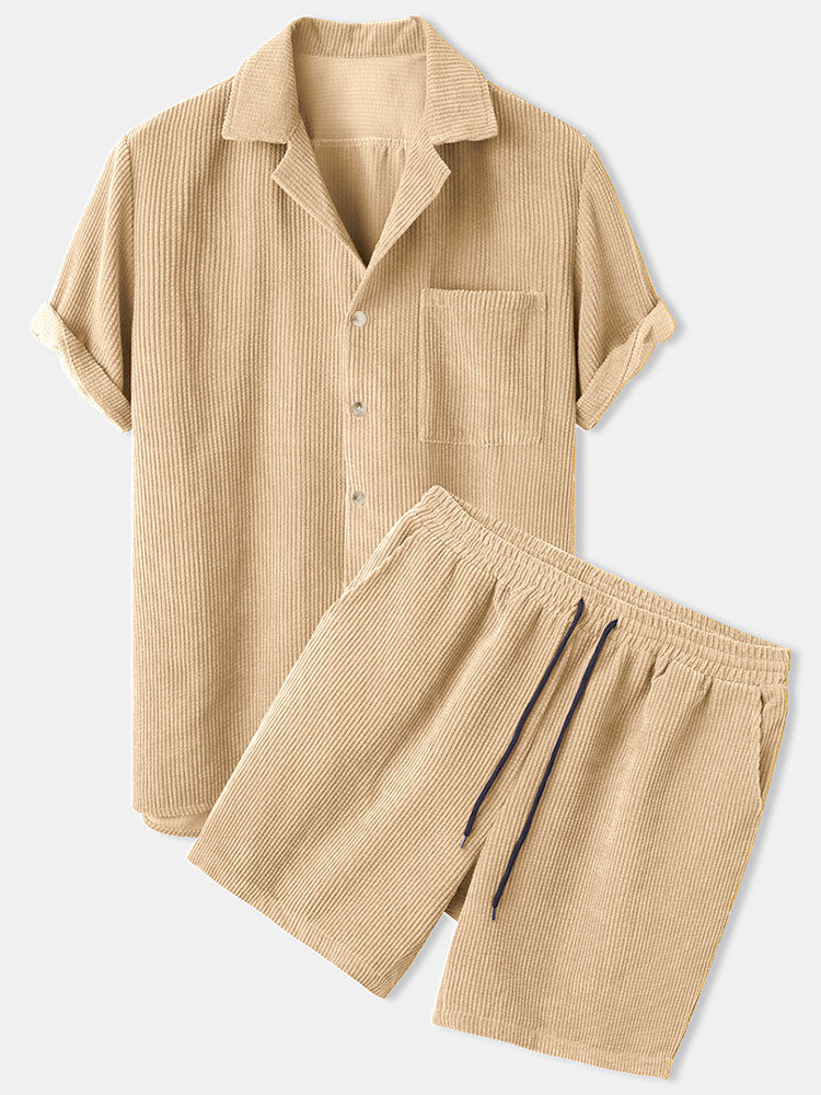 Corduroy Short Sleeved Revere Collar Shirt & Corduroy 5" Shorts