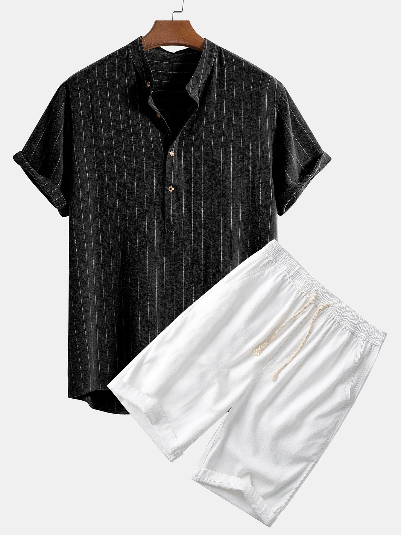 Linen Blend Striped Henley Collar Shirt & Linen Cotton Blend 11" Short