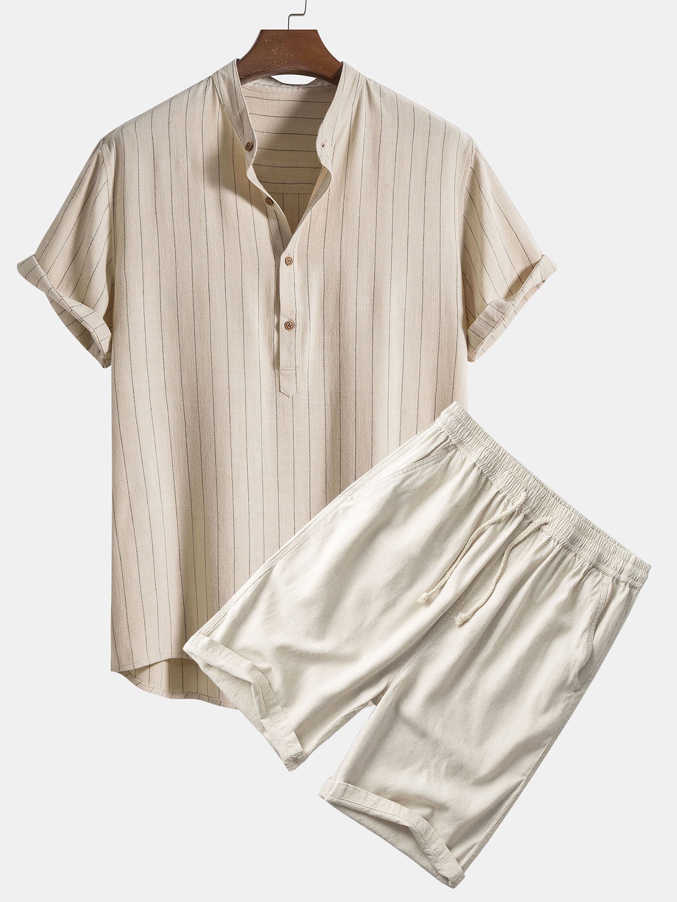 Linen Blend Striped Henley Collar Shirt & Linen Cotton Blend 11" Shorts