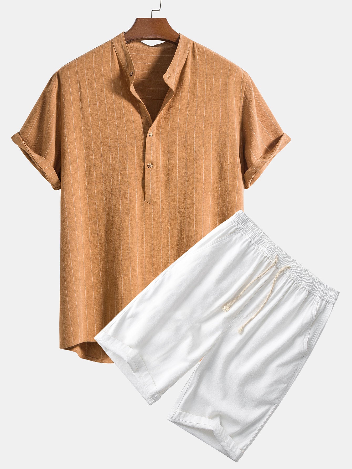 Linen Blend Striped Henley Collar Shirt & Linen Cotton Blend 11" Short