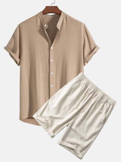 Linen And Rayon Blend Stand Collar Shirt & Linen Cotton Blend 11" Shor