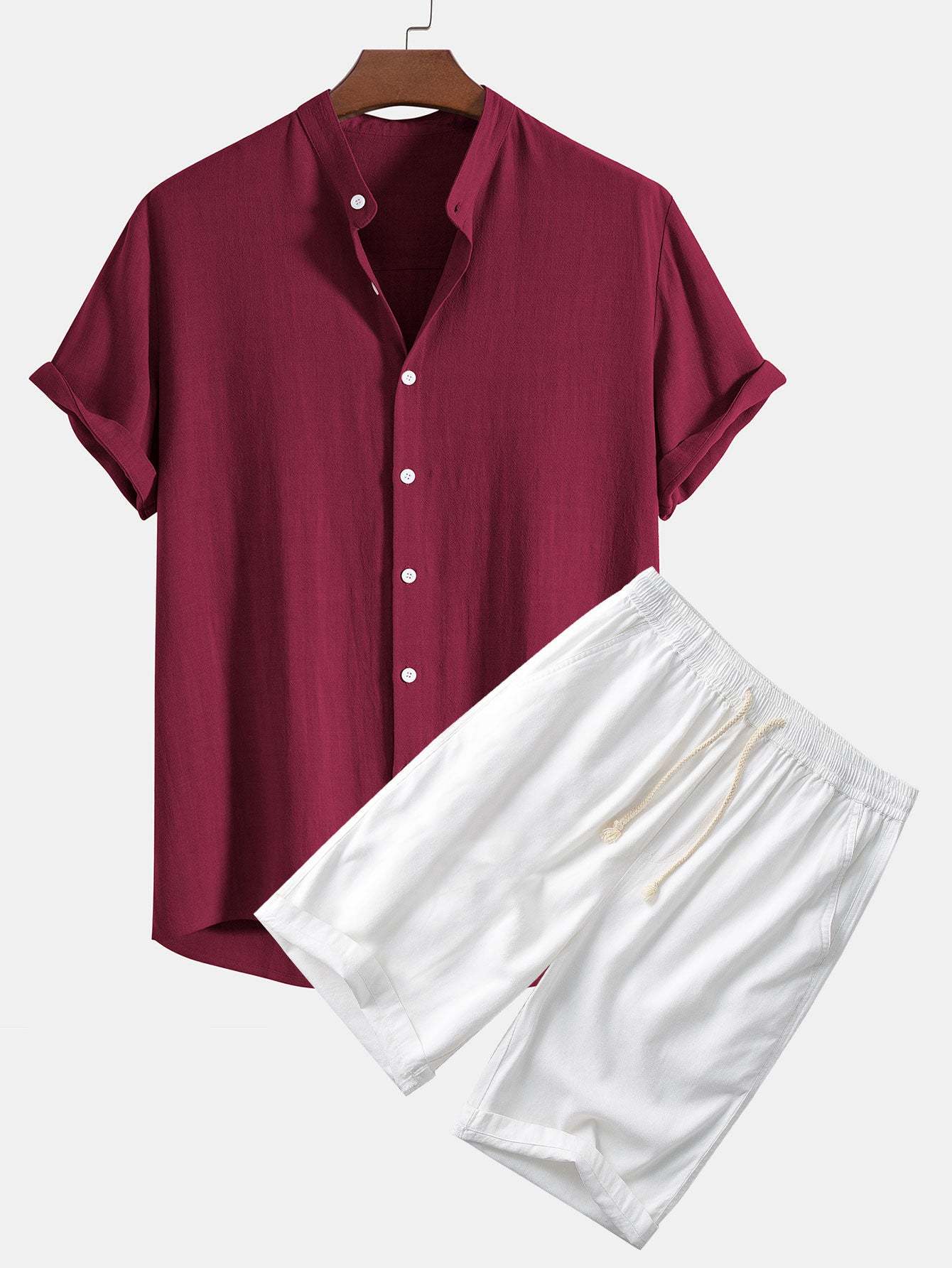 Linen And Rayon Blend Stand Collar Shirt & Linen Cotton Blend 11" Shorts