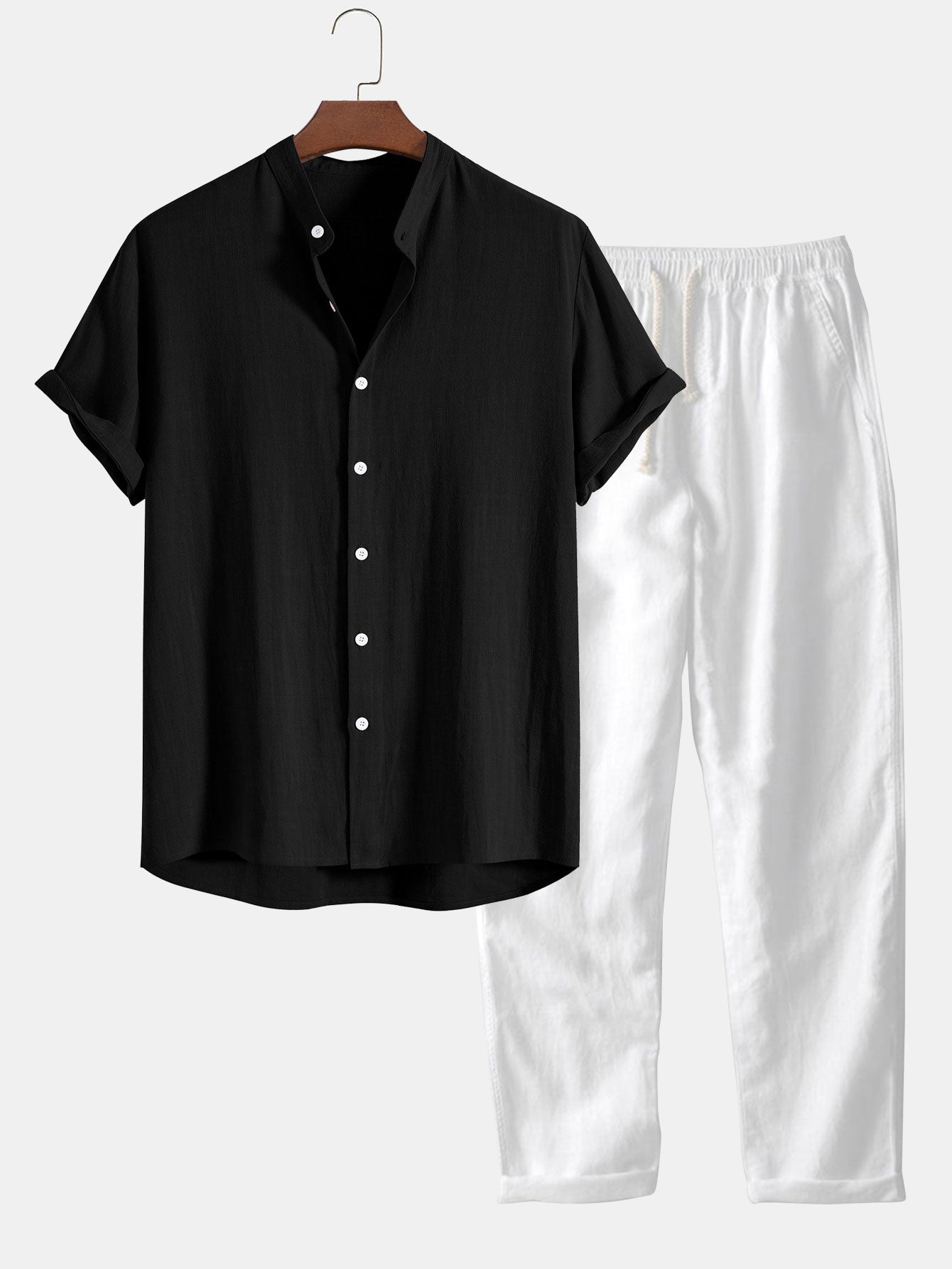 Linen And Rayon Blend Stand Collar Shirt & Straight Leg Linen Pants