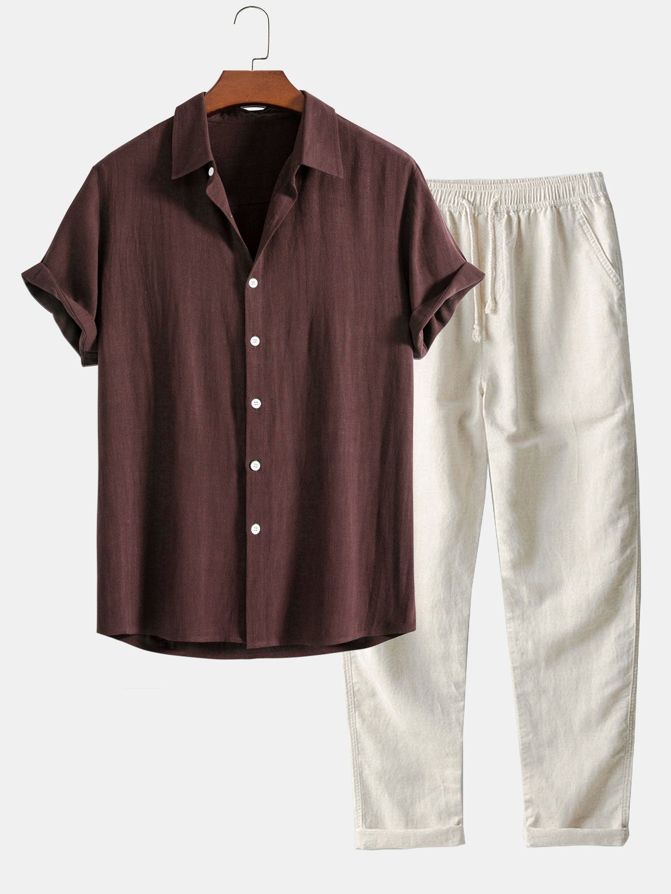 Linen Rayon Blend Button Up Shirt & Straight Leg Linen Pants